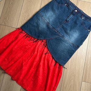Y2k Indulgence Denim & Red Cloth Beaded Skirt